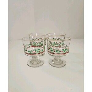 4VTG. Arby’s HOLLY BERRY RIBBON Gold Rim Holiday Sherbert-Dessert Footed Glasses